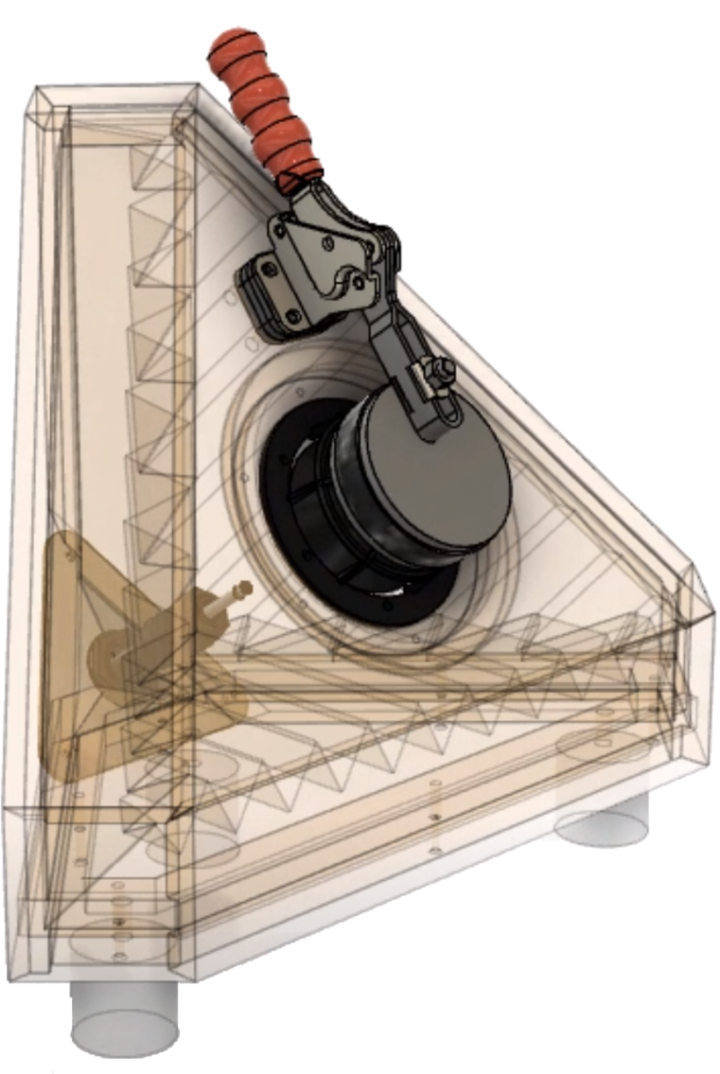 transparent view of a loudspeaker test chamber with clamp & mic